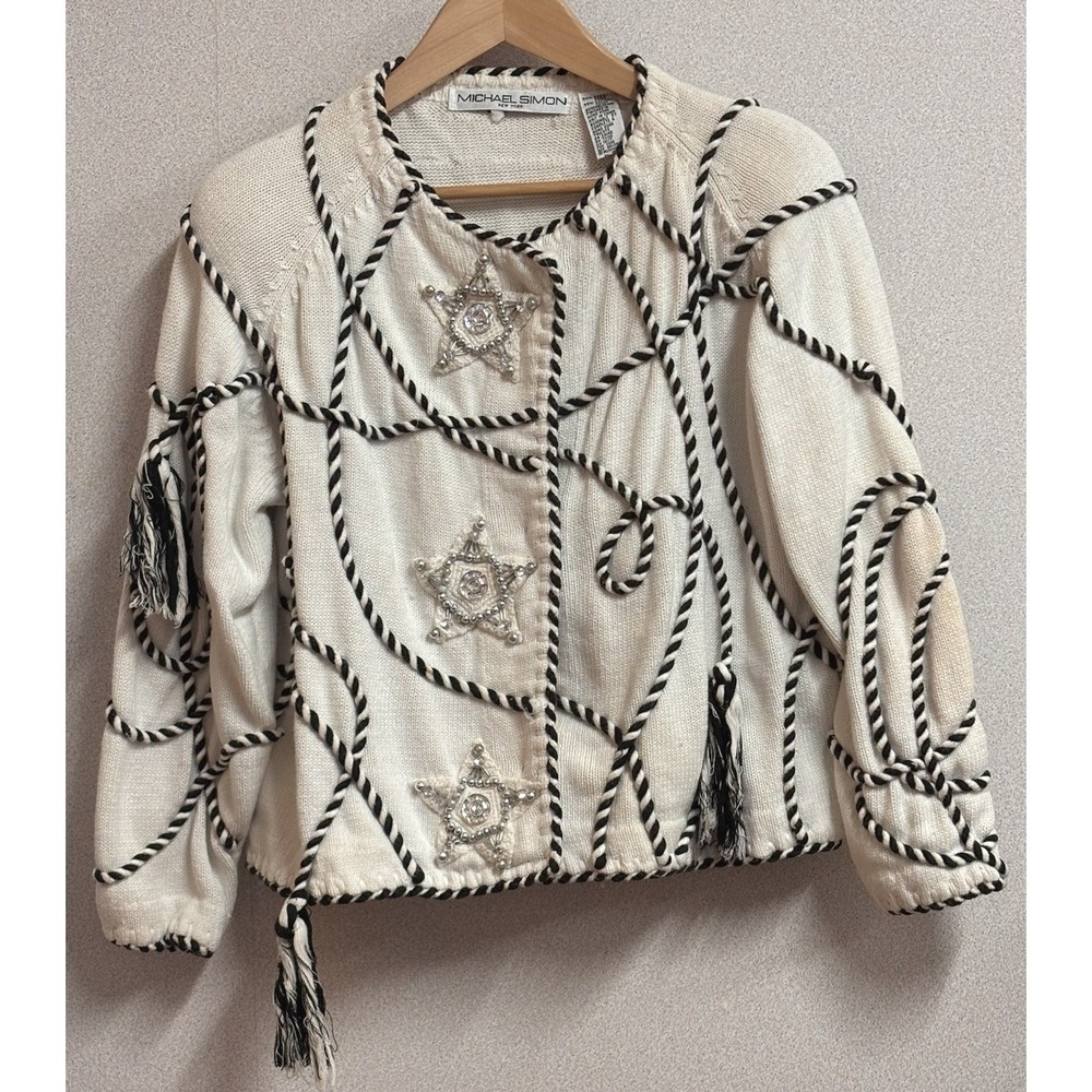 Vintage Michael Simon Cardigan White Black Rope Tassel Rhinestone Star Western